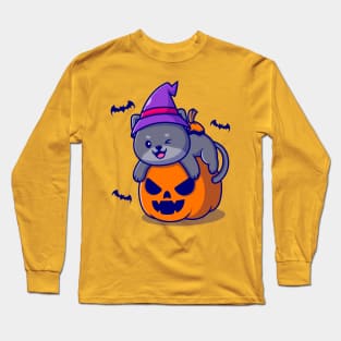 Cute Witch Cat Hug Pumpkin Halloween Cartoon Long Sleeve T-Shirt